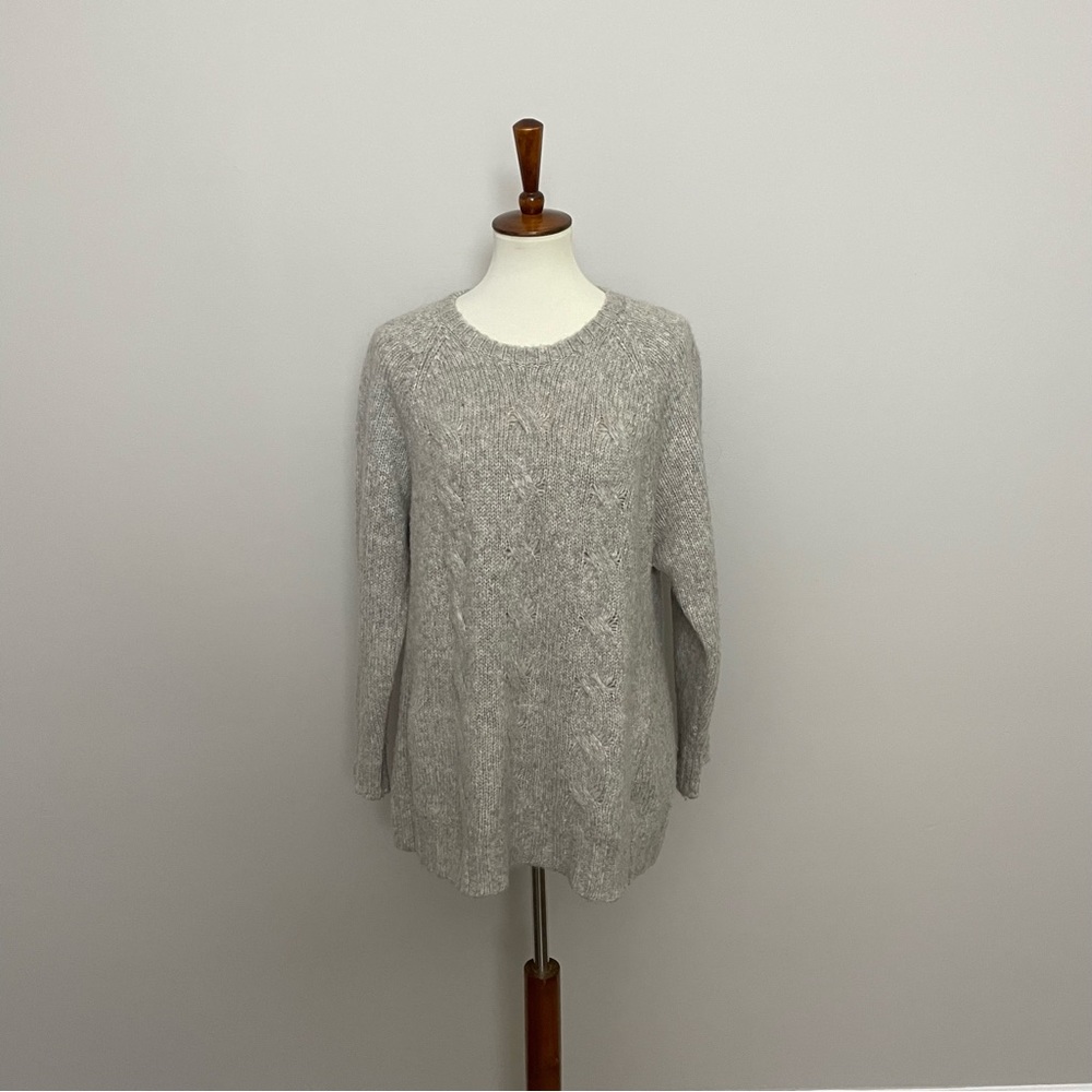 J Jill Pure Jill Sweater Tunic Crewneck Wool Blend Cable Knit Pockets Grey